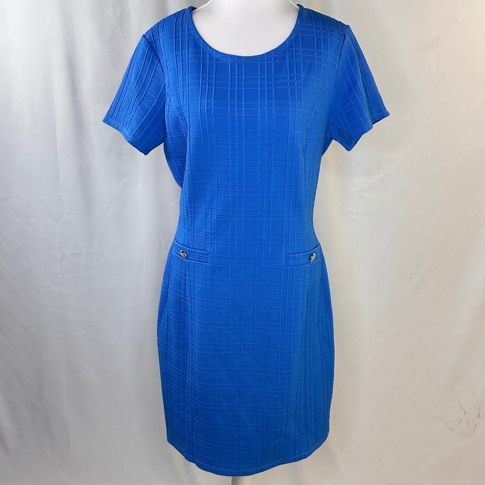 En Focus 14 Sheath Dress Royal Blue Short Sleeve Mod Textured Retro Inspired